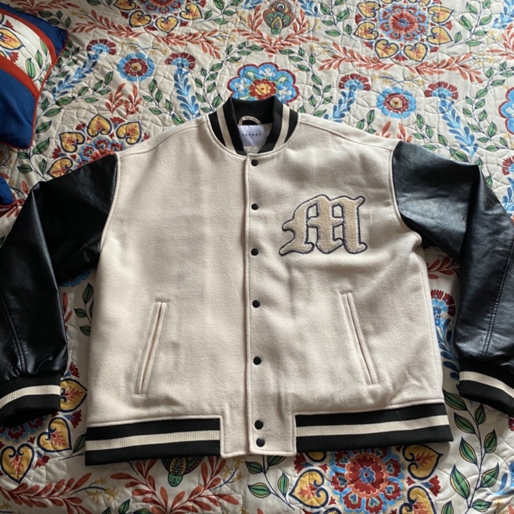Topman Cream and Black Bomber Jacket Varsity Style
